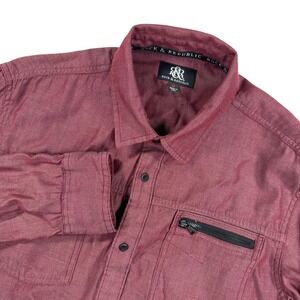 Rock & Republic Mens M Button Down Shirt Burgundy Long Sleeve Casual Zip Pockets